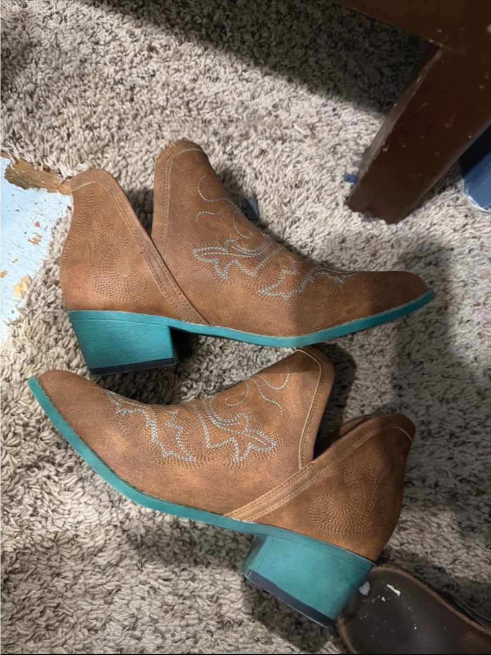 Brown Suede Western Ankle Booties with Turquoise Sole